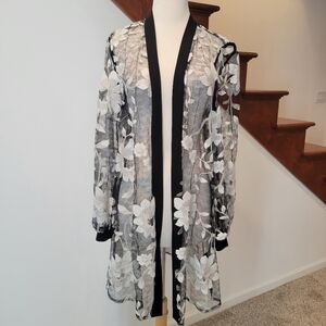 Sheer Floral Lace Long Cardigan - Black & White